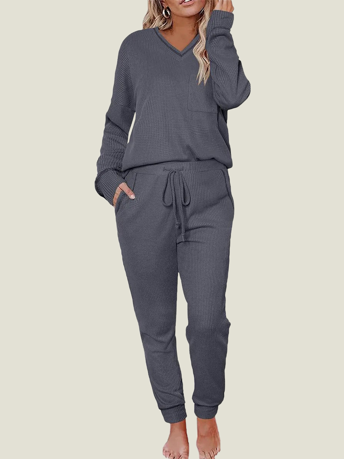 Women's V Neck Waffle Knit Two Piece Lounge Sets (Buy 2 Free Shipping)