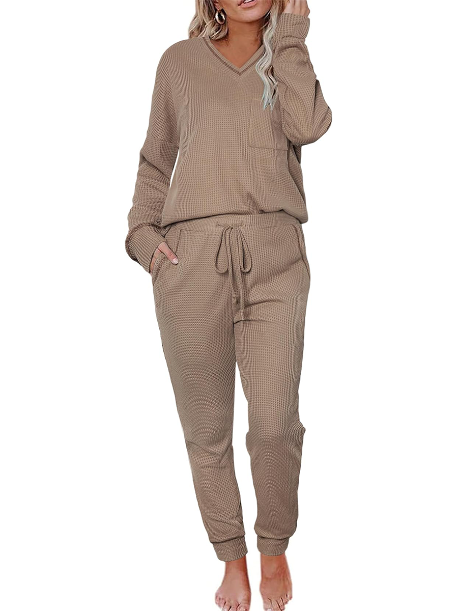 Women's V Neck Waffle Knit Two Piece Lounge Sets (Buy 2 Free Shipping)